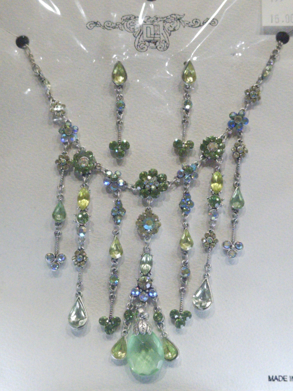 Vintage DL Logo Peridot Green Rhinestone Fringe Chandelier Earring Necklace